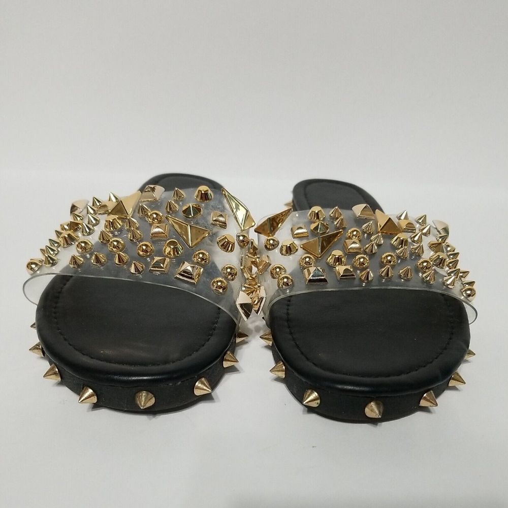 Studded pvc‎ Sandals Women's Black /Gold Size 8 Slip-On Shoes - Picture 5 of 7